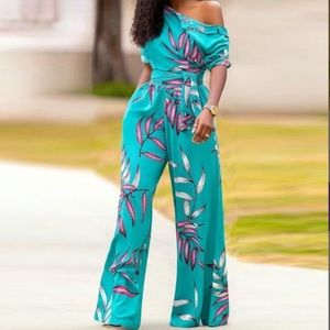 One Cod Shoulder Summer Beach Holiday Green Floral Print Jumpsuit